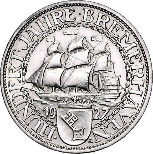Реверс монеты - 3 рейхсмарки 1927 года A "Бремерхафен" - цена серебряной монеты - Германия, Bеймарская республика
