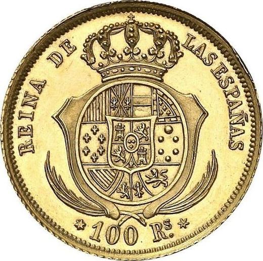 Реверс монеты - 100 реалов 1855 года - цена золотой монеты - Испания, Изабелла II