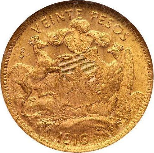 Реверс монеты - 20 песо 1916 года So - цена золотой монеты - Чили, Республика
