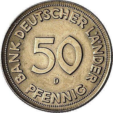 Аверс монеты - 50 пфеннигов 1949 года D "Bank deutscher Länder" Латунное покрытие Латунное покрытие - цена  монеты - Германия, ФРГ