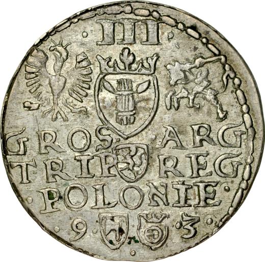 Rewers monety - Trojak 1593 "Mennica olkuska" - cena srebrnej monety - Polska, Zygmunt III