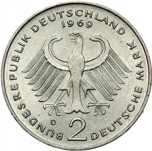 Rewers monety - 2 marki 1969 D "Konrad Adenauer" - cena  monety - Niemcy, RFN