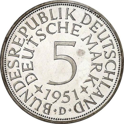 Аверс монеты - 5 марок 1951 года D - цена серебряной монеты - Германия, ФРГ