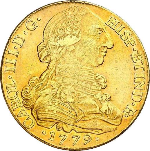 Аверс монеты - 8 эскудо 1779 года P SF - цена золотой монеты - Колумбия, Карл III
