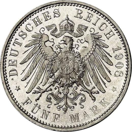 Реверс монеты - 5 марок 1908 года E "Саксония" - цена серебряной монеты - Германия, Германская Империя