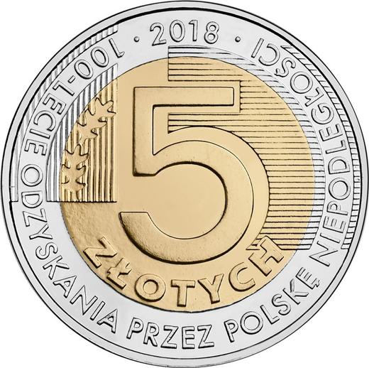 Revers 5 Zlotych 2018 "100 Jahre Unabhängigkeit Polens" - Münze Wert - Polen, III Republik Polen nach Stückelung