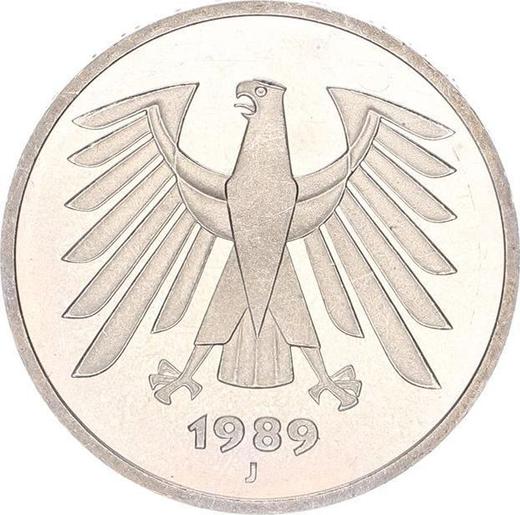 Reverso 5 marcos 1989 J - valor de la moneda  - Alemania, RFA
