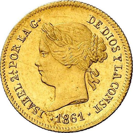 Аверс монеты - 1 песо 1861 года - цена золотой монеты - Филиппины, Изабелла II