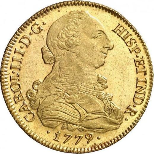 Аверс монеты - 8 эскудо 1779 года S CF - цена золотой монеты - Испания, Карл III