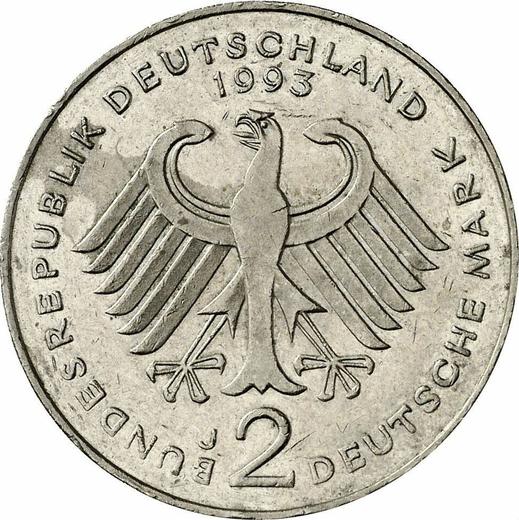 Reverso 2 marcos 1993 J "Franz Josef Strauß" - valor de la moneda  - Alemania, RFA