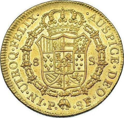 Реверс монеты - 8 эскудо 1780 года P SF - цена золотой монеты - Колумбия, Карл III