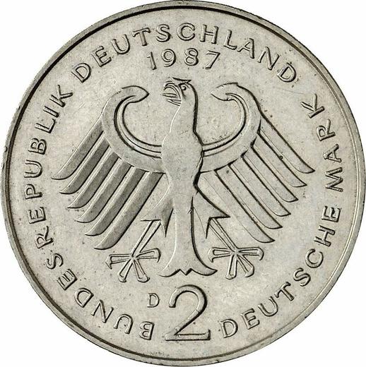 Reverso 2 marcos 1987 D "Kurt Schumacher" - valor de la moneda  - Alemania, RFA
