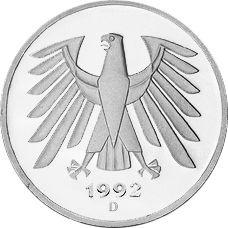 Reverso 5 marcos 1992 D - valor de la moneda  - Alemania, RFA