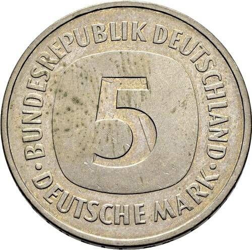 Аверс монеты - 5 марок 1975 года G Брак чеканки Лихтенраде - цена  монеты - Германия, ФРГ