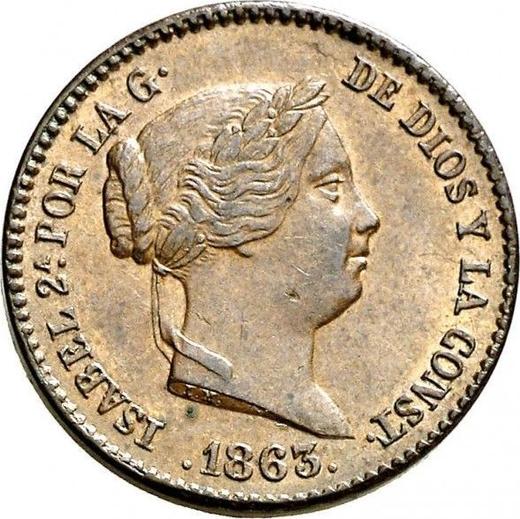 Аверс монеты - 10 сентимо реал 1863 года - цена  монеты - Испания, Изабелла II