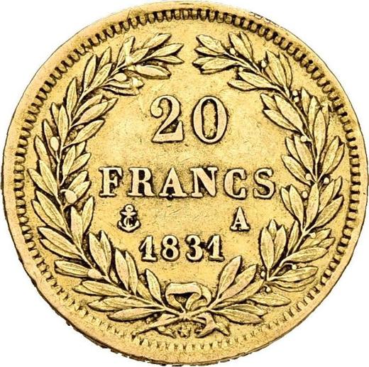 Awers monety - 20 franków 1831 A "Rant wypukły" Paryż Incuse - cena złotej monety - Francja, Ludwik Filip I