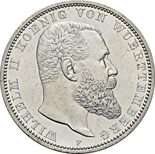 Аверс монеты - 5 марок 1895 года F "Вюртемберг" - цена серебряной монеты - Германия, Германская Империя