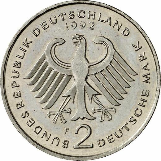 Reverse 2 Mark 1992 F "Kurt Schumacher" -  Coin Value - Germany, FRG