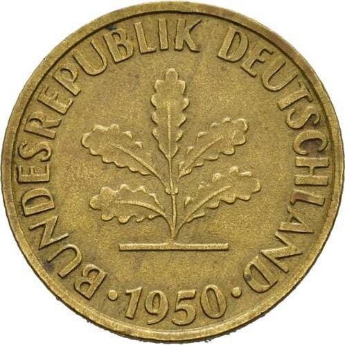 Реверс монеты - 10 пфеннигов 1950 года J Латунное покрытие - цена  монеты - Германия, ФРГ