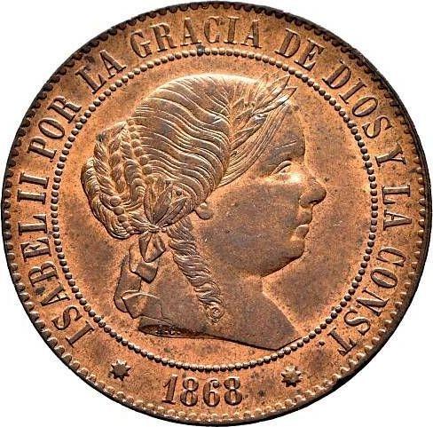 Аверс монеты - 5 сентимо эскудо 1868 года OM Восьмиконечные звёзды - цена  монеты - Испания, Изабелла II