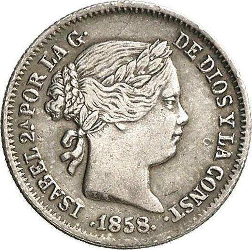 Аверс монеты - 1 реал 1858 года Восьмиконечные звёзды - цена серебряной монеты - Испания, Изабелла II