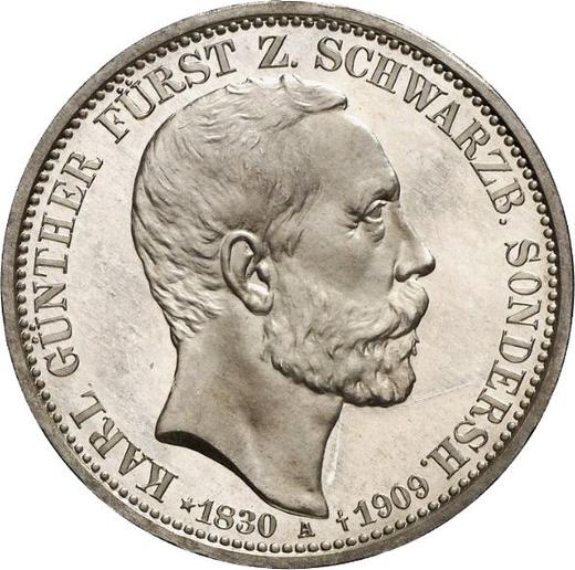 Аверс монеты - 3 марки 1909 года A "Шварцбург-Зондерсгаузен" Даты жизни - цена серебряной монеты - Германия, Германская Империя