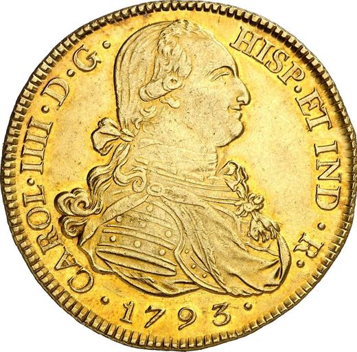Аверс монеты - 8 эскудо 1793 года P JF - цена золотой монеты - Колумбия, Карл IV