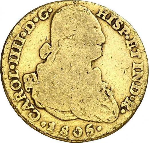 Аверс монеты - 2 эскудо 1805 года NR JJ - цена золотой монеты - Колумбия, Карл IV