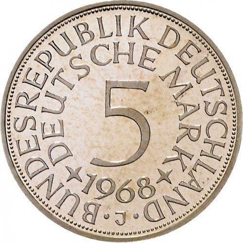 Аверс монеты - 5 марок 1968 года J - цена серебряной монеты - Германия, ФРГ