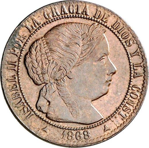 Аверс монеты - 1 сентимо эскудо 1868 года OM Трёхконечные звезды - цена  монеты - Испания, Изабелла II