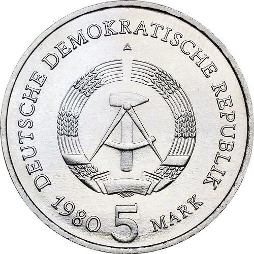 Reverso 5 marcos 1980 A "La Puerta de Brandeburgo" - valor de la moneda  - Alemania, República Democrática Alemana (RDA)