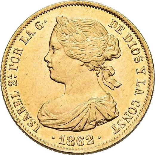 Аверс монеты - 100 реалов 1862 года Шестиконечные звёзды - цена золотой монеты - Испания, Изабелла II