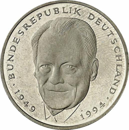 Аверс монеты - 2 марки 1995 года J "Вилли Брандт" - цена  монеты - Германия, ФРГ