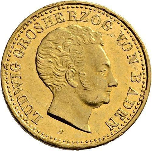Аверс монеты - 5 гульденов 1828 года D - цена золотой монеты - Баден, Людвиг I