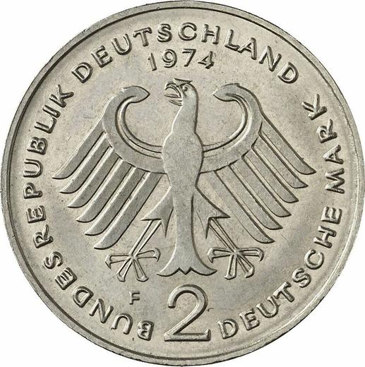 Rewers monety - 2 marki 1974 F "Theodor Heuss" - cena  monety - Niemcy, RFN