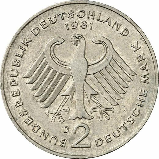 Rewers monety - 2 marki 1981 D "Theodor Heuss" - cena  monety - Niemcy, RFN