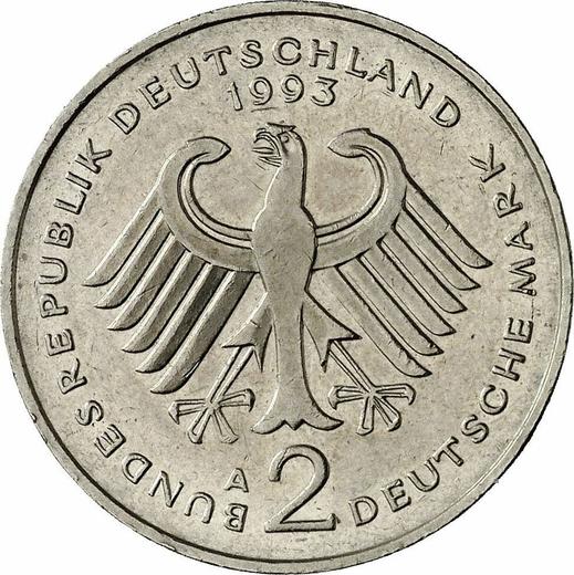 Reverse 2 Mark 1993 A "Ludwig Erhard" -  Coin Value - Germany, FRG