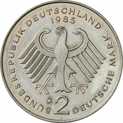 Reverso 2 marcos 1985 D "Kurt Schumacher" - valor de la moneda  - Alemania, RFA