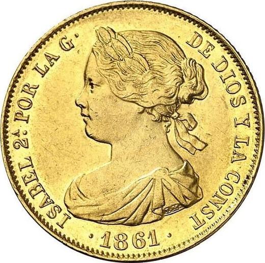Аверс монеты - 100 реалов 1861 года Шестиконечные звёзды - цена золотой монеты - Испания, Изабелла II