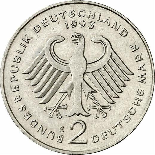 Reverse 2 Mark 1993 G "Franz Josef Strauss" -  Coin Value - Germany, FRG