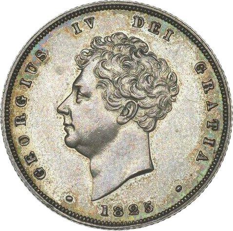 Аверс монеты - Пробный 1 шиллинг 1825 года - цена серебряной монеты - Великобритания, Георг IV