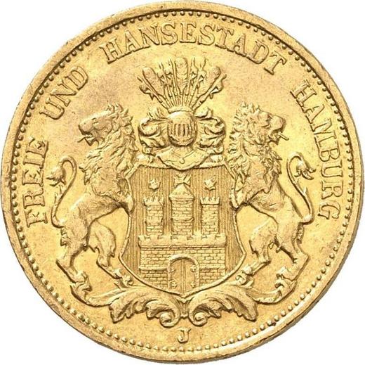 Аверс монеты - 20 марок 1889 года J "Гамбург" - цена золотой монеты - Германия, Германская Империя