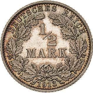 Obverse 1/2 Mark 1913 J "Type 1905-1919" - Silver Coin Value - Germany, German Empire