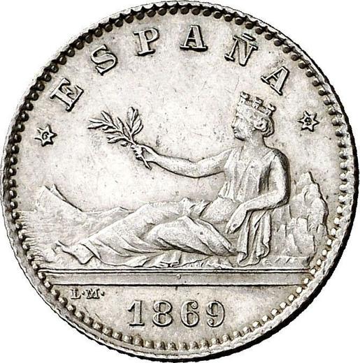Аверс монеты - 50 сентимо 1869 года SNM - цена серебряной монеты - Испания, Временное правительство