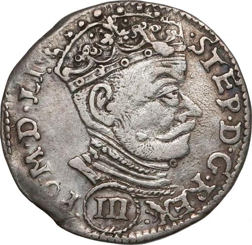 Аверс монеты - Трояк (3 гроша) 1580 года "Литва" Номинал под портретом - цена серебряной монеты - Польша, Стефан Баторий