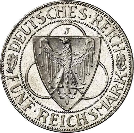 Аверс монеты - 5 рейхсмарок 1930 года J "Освобождение Рейнской области" - цена серебряной монеты - Германия, Bеймарская республика