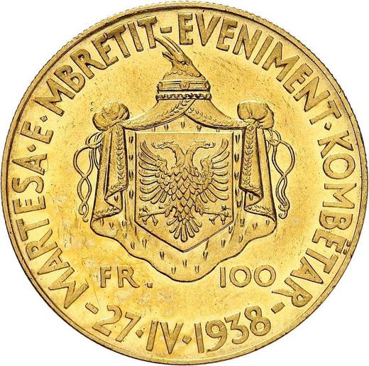 Реверс монеты - 100 франга ари 1938 года R "Свадьба" - цена золотой монеты - Албания, Ахмет Зогу