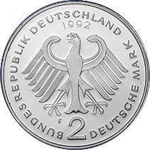 Реверс монеты - 2 марки 1992 года F "Людвиг Эрхард" - цена  монеты - Германия, ФРГ