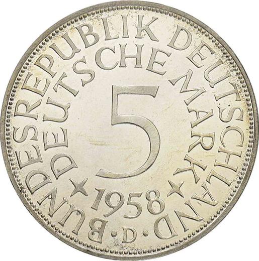 Аверс монеты - 5 марок 1958 года D - цена серебряной монеты - Германия, ФРГ