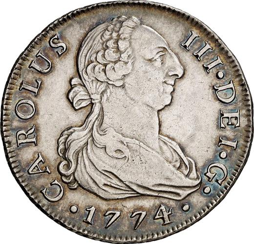Аверс монеты - 8 реалов 1774 года S CF - цена серебряной монеты - Испания, Карл III